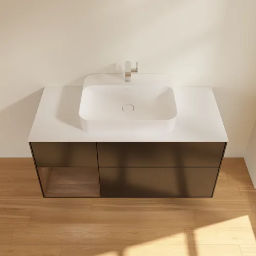VILLEROY BOCH Toaletní skříňka Finion, s osvětlením, 3 výsuvy, 1200 x 603 x 501 mm, černý matný lak / ořechová dýha / bílé matné sklo #F411GNPD, obrázek 4