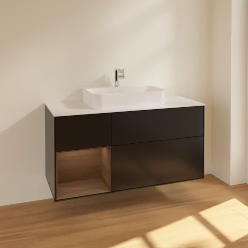 VILLEROY BOCH Toaletní skříňka Finion, s osvětlením, 3 výsuvy, 1200 x 603 x 501 mm, černý matný lak / ořechová dýha / bílé matné sklo #F411GNPD, obrázek 2