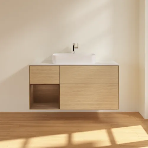 VILLEROY BOCH Toaletní skříňka Finion, s osvětlením, 3 výsuvy, 1200 x 603 x 501 mm, dubová dýha / ořechová dýha / sklo bílé matné #F411GNPC, obrázek 3