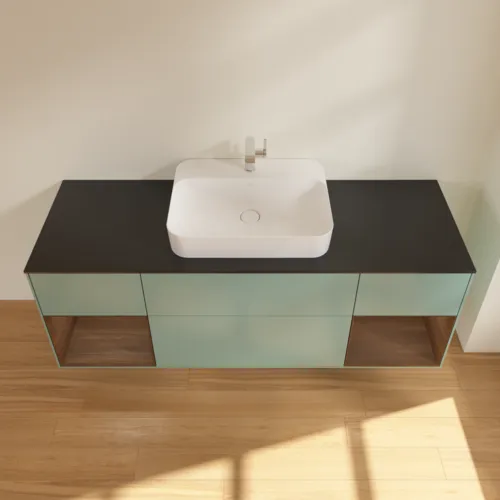 VILLEROY BOCH Toaletní skříňka Finion, s osvětlením, 4 výsuvy, 1600 x 603 x 501 mm, olivový matný lak / ořechová dýha / černé matné sklo #F452GNGM, obrázek 3