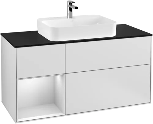 VILLEROY BOCH Toaletní skříňka Finion, s osvětlením, 3 výsuvy, 1200 x 603 x 501 mm, bílý matný lak / bílý matný lak / černé matné sklo #F412MTMT, obrázek 1