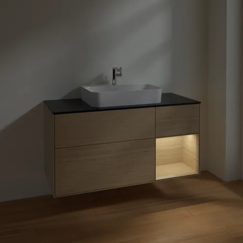 VILLEROY BOCH Toaletní stolek Finion, s osvětlením, 3 výsuvy, 1200 x 603 x 501 mm, dubová dýha / dubová dýha / sklo černé matné #F422PCPC, obrázek 5