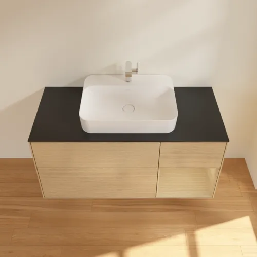 VILLEROY BOCH Toaletní stolek Finion, s osvětlením, 3 výsuvy, 1200 x 603 x 501 mm, dubová dýha / dubová dýha / sklo černé matné #F422PCPC, obrázek 4