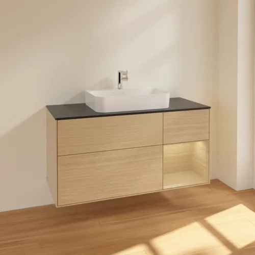 VILLEROY BOCH Toaletní stolek Finion, s osvětlením, 3 výsuvy, 1200 x 603 x 501 mm, dubová dýha / dubová dýha / sklo černé matné #F422PCPC, obrázek 2