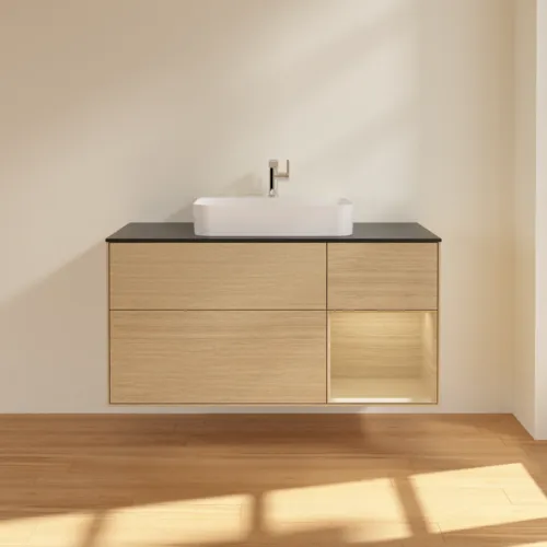 VILLEROY BOCH Toaletní stolek Finion, s osvětlením, 3 výsuvy, 1200 x 603 x 501 mm, dubová dýha / dubová dýha / sklo černé matné #F422PCPC, obrázek 3