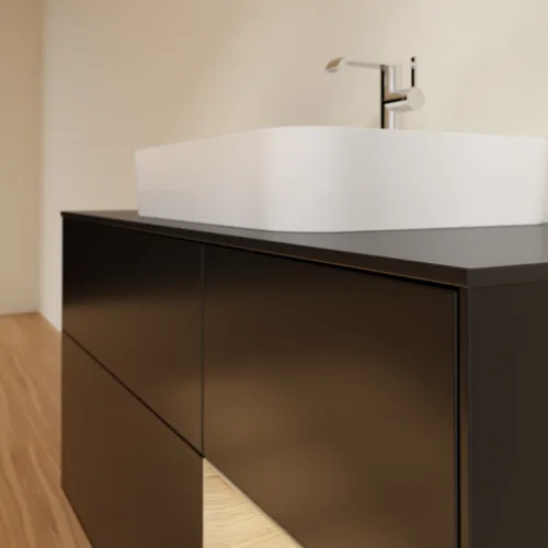 VILLEROY BOCH Toaletní skříňka Finion, s osvětlením, 3 výsuvy, 1200 x 603 x 501 mm, černý matný lak / dubová dýha / černé matné sklo #F422PCPD, obrázek 6