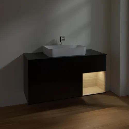 VILLEROY BOCH Toaletní skříňka Finion, s osvětlením, 3 výsuvy, 1200 x 603 x 501 mm, černý matný lak / dubová dýha / černé matné sklo #F422PCPD, obrázek 5