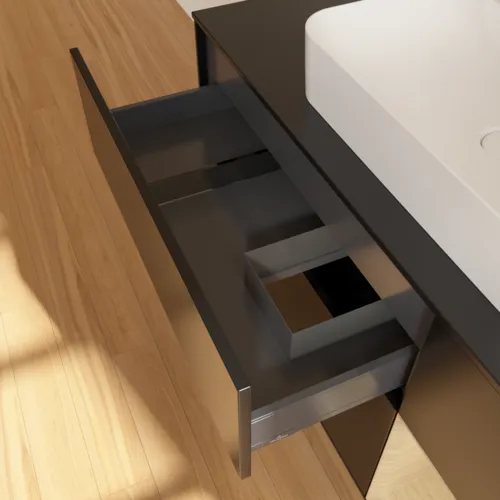 VILLEROY BOCH Toaletní skříňka Finion, s osvětlením, 3 výsuvy, 1200 x 603 x 501 mm, černý matný lak / dubová dýha / černé matné sklo #F422PCPD, obrázek 8