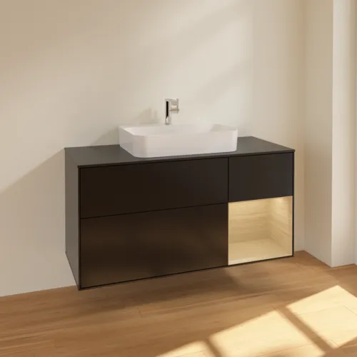 VILLEROY BOCH Toaletní skříňka Finion, s osvětlením, 3 výsuvy, 1200 x 603 x 501 mm, černý matný lak / dubová dýha / černé matné sklo #F422PCPD, obrázek 2