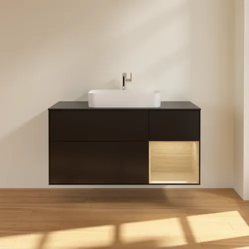 VILLEROY BOCH Toaletní skříňka Finion, s osvětlením, 3 výsuvy, 1200 x 603 x 501 mm, černý matný lak / dubová dýha / černé matné sklo #F422PCPD, obrázek 3
