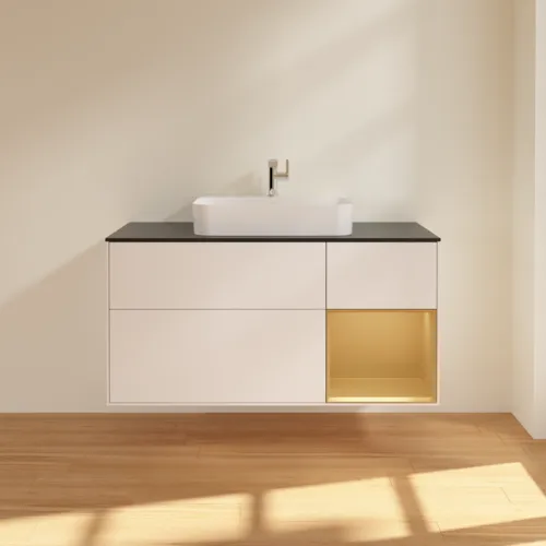 VILLEROY BOCH Toaletní skříňka Finion, s osvětlením, 3 výsuvy, 1200 x 603 x 501 mm, bílý matný lak / zlatý matný lak / černé matné sklo #F422HFMT, obrázek 3