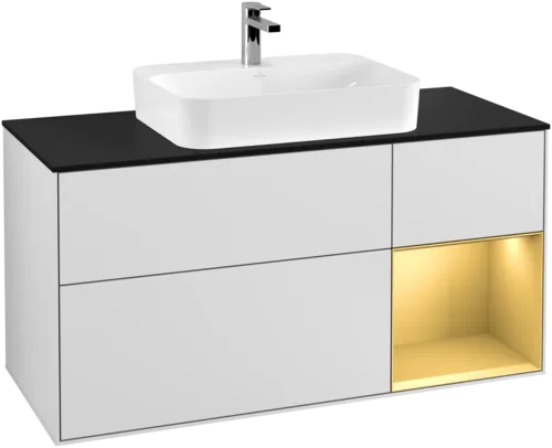 VILLEROY BOCH Toaletní skříňka Finion, s osvětlením, 3 výsuvy, 1200 x 603 x 501 mm, bílý matný lak / zlatý matný lak / černé matné sklo #F422HFMT, obrázek 1