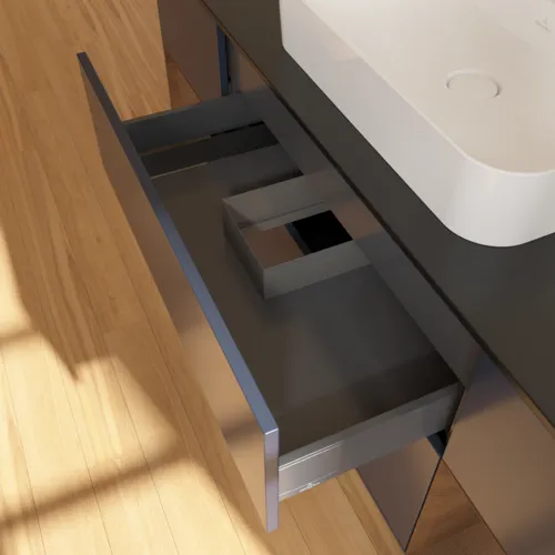 VILLEROY BOCH Toaletní skříňka Finion, s osvětlením, 4 výsuvy, 1600 x 603 x 501 mm, půlnočně modrý matný lak / ořechová dýha / černé matné sklo #F452GNHG, obrázek 7