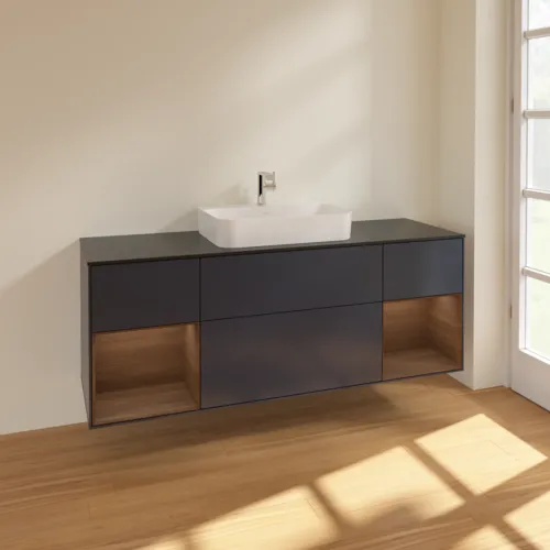 VILLEROY BOCH Toaletní skříňka Finion, s osvětlením, 4 výsuvy, 1600 x 603 x 501 mm, půlnočně modrý matný lak / ořechová dýha / černé matné sklo #F452GNHG, obrázek 2