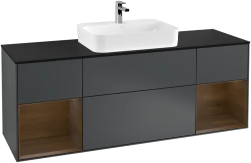 VILLEROY BOCH Toaletní skříňka Finion, s osvětlením, 4 výsuvy, 1600 x 603 x 501 mm, půlnočně modrý matný lak / ořechová dýha / černé matné sklo #F452GNHG, obrázek 1
