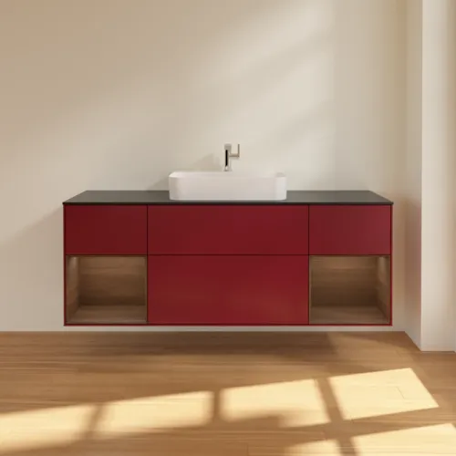 VILLEROY BOCH Toaletní skříňka Finion, s osvětlením, 4 výsuvy, 1600 x 603 x 501 mm, matný lak Peony / ořechová dýha / černé matné sklo #F452GNHB, obrázek 2