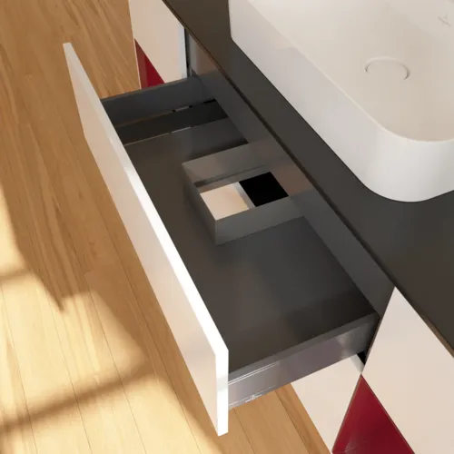 VILLEROY BOCH Toaletní skříňka Finion, s osvětlením, 4 výsuvy, 1600 x 603 x 501 mm, bílý matný lak / pivoňkový matný lak / černé matné sklo #F452HBMT, obrázek 6