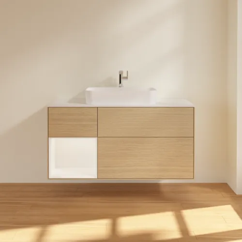 VILLEROY BOCH Toaletní skříňka Finion, s osvětlením, 3 výsuvy, 1200 x 603 x 501 mm, dubová dýha / bílý matný lak / bílé matné sklo #F411MTPC, obrázek 3