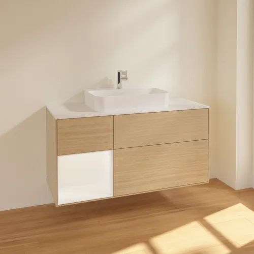VILLEROY BOCH Toaletní skříňka Finion, s osvětlením, 3 výsuvy, 1200 x 603 x 501 mm, dubová dýha / bílý matný lak / bílé matné sklo #F411MTPC, obrázek 2