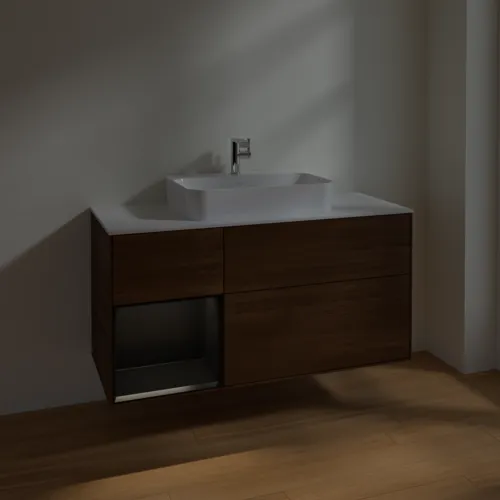 VILLEROY BOCH Toaletní skříňka Finion, s osvětlením, 3 výsuvy, 1200 x 603 x 501 mm, ořechová dýha / černý matný lak / sklo bílé matné #F411PDGN, obrázek 5