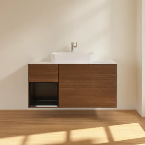 VILLEROY BOCH Toaletní skříňka Finion, s osvětlením, 3 výsuvy, 1200 x 603 x 501 mm, ořechová dýha / černý matný lak / sklo bílé matné #F411PDGN, obrázek 3