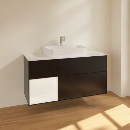 VILLEROY BOCH Toaletní skříňka Finion, s osvětlením, 3 výsuvy, 1200 x 603 x 501 mm, černý matný lak / bílý matný lak / bílé matné sklo #F411MTPD, obrázek 2