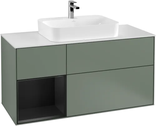VILLEROY BOCH Toaletní skříňka Finion, s osvětlením, 3 výsuvy, 1200 x 603 x 501 mm, olivový matný lak / černý matný lak / bílé matné sklo #F411PDGM