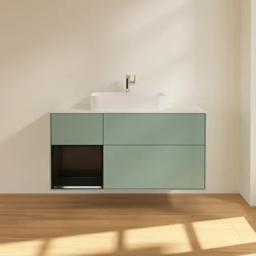 VILLEROY BOCH Toaletní skříňka Finion, s osvětlením, 3 výsuvy, 1200 x 603 x 501 mm, olivový matný lak / černý matný lak / bílé matné sklo #F411PDGM, obrázek 3