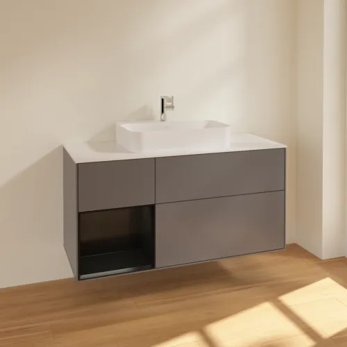 VILLEROY BOCH Toaletní skříňka Finion, s osvětlením, 3 výsuvy, 1200 x 603 x 501 mm, antracitový matný lak / černý matný lak / bílé matné sklo #F411PDGK, obrázek 2