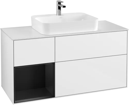 VILLEROY BOCH Toaletní skříňka Finion, s osvětlením, 3 výsuvy, 1200 x 603 x 501 mm, lesklý bílý lak / černý matný lak / sklo bílé matné #F411PDGF, obrázek 1