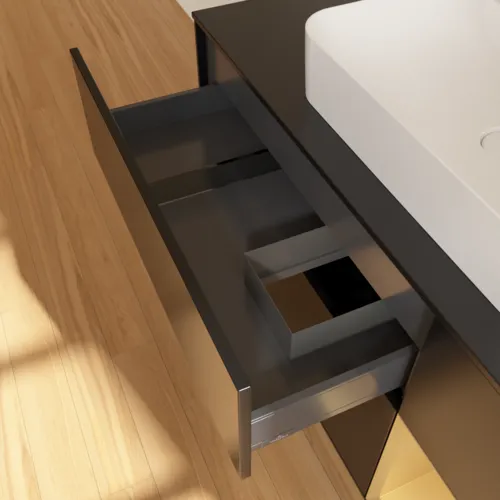VILLEROY BOCH Toaletní skříňka Finion, s osvětlením, 3 výsuvy, 1200 x 603 x 501 mm, černý matný lak / zlatý matný lak / černé matné sklo #F422HFPD, obrázek 8