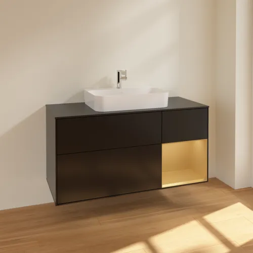 VILLEROY BOCH Toaletní skříňka Finion, s osvětlením, 3 výsuvy, 1200 x 603 x 501 mm, černý matný lak / zlatý matný lak / černé matné sklo #F422HFPD, obrázek 2