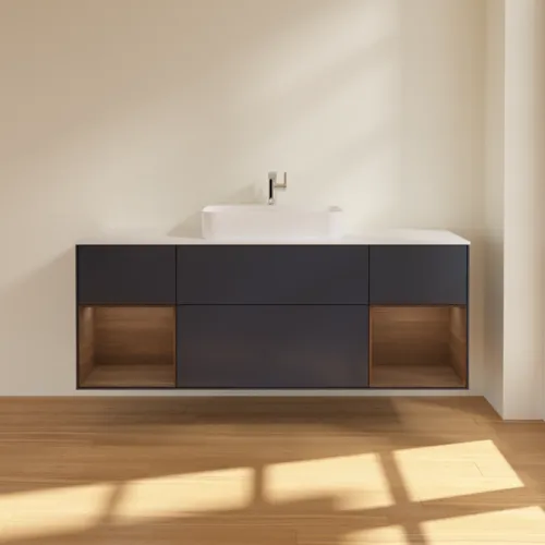 VILLEROY BOCH Toaletní skříňka Finion, s osvětlením, 4 výsuvy, 1600 x 603 x 501 mm, půlnočně modrý matný lak / ořechová dýha / sklo bílé matné #F451GNHG, obrázek 3
