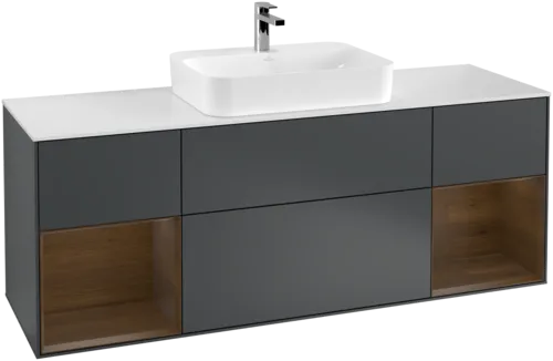 VILLEROY BOCH Toaletní skříňka Finion, s osvětlením, 4 výsuvy, 1600 x 603 x 501 mm, půlnočně modrý matný lak / ořechová dýha / sklo bílé matné #F451GNHG, obrázek 1