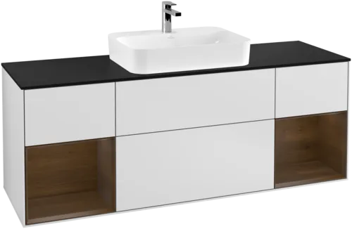 VILLEROY BOCH Toaletní skříňka Finion, s osvětlením, 4 výsuvy, 1600 x 603 x 501 mm, bílý matný lak / ořechová dýha / černé matné sklo #F452GNMT