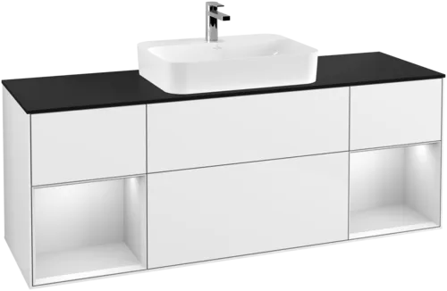 VILLEROY BOCH Toaletní skříňka Finion, s osvětlením, 4 výsuvy, 1600 x 603 x 501 mm, lesklý bílý lak / bílý matný lak / sklo černé matné #F452MTGF, obrázek 1