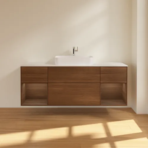 VILLEROY BOCH Toaletní skříňka Finion, s osvětlením, 4 výsuvy, 1600 x 603 x 501 mm, ořechová dýha / ořechová dýha / sklo bílé matné #F451GNGN, obrázek 3