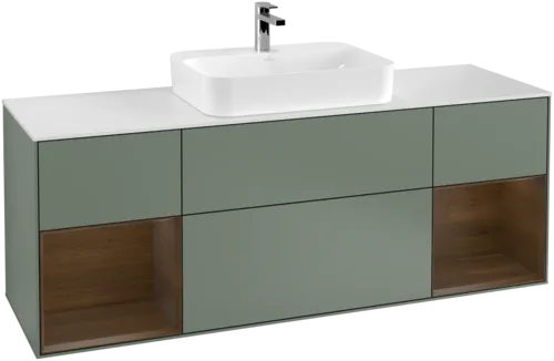 VILLEROY BOCH Toaletní skříňka Finion, s osvětlením, 4 výsuvy, 1600 x 603 x 501 mm, olivově matný lak / ořechová dýha / sklo bílé matné #F451GNGM, obrázek 1