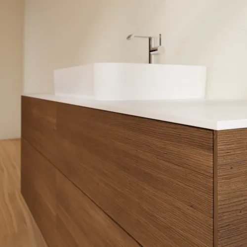 VILLEROY BOCH Toaletní skříňka Finion, 4 výsuvy, 1600 x 603 x 501 mm, ořechová dýha / sklo bílé matné #F44100GN, obrázek 4