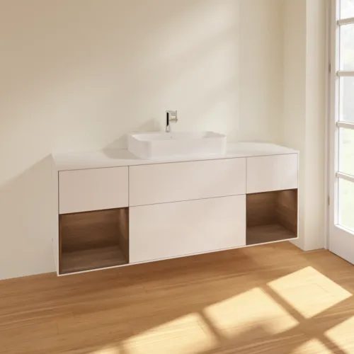VILLEROY BOCH Toaletní skříňka Finion, s osvětlením, 4 výsuvy, 1600 x 603 x 501 mm, lesklý bílý lak / ořechová dýha / sklo bílé matné #F451GNGF, obrázek 2