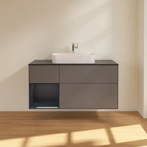 VILLEROY BOCH Toaletní skříňka Finion, s osvětlením, 3 výsuvy, 1200 x 603 x 501 mm, antracitový matný lak / půlnoční modrý matný lak / černé matné sklo #F412HGGK, obrázek 3