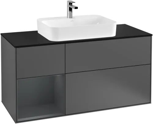 VILLEROY BOCH Toaletní skříňka Finion, s osvětlením, 3 výsuvy, 1200 x 603 x 501 mm, antracitový matný lak / půlnoční modrý matný lak / černé matné sklo #F412HGGK, obrázek 1