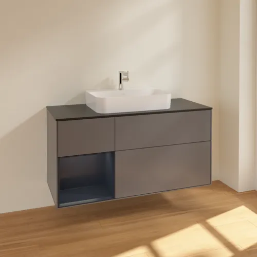 VILLEROY BOCH Toaletní skříňka Finion, s osvětlením, 3 výsuvy, 1200 x 603 x 501 mm, antracitový matný lak / půlnoční modrý matný lak / černé matné sklo #F412HGGK, obrázek 2