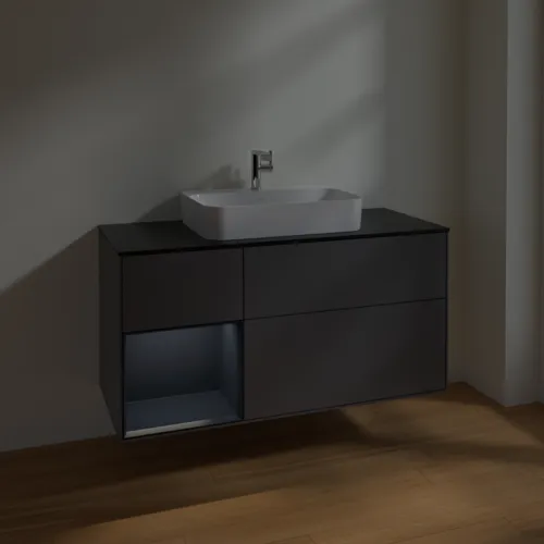 VILLEROY BOCH Toaletní skříňka Finion, s osvětlením, 3 výsuvy, 1200 x 603 x 501 mm, antracitový matný lak / půlnoční modrý matný lak / černé matné sklo #F412HGGK, obrázek 5