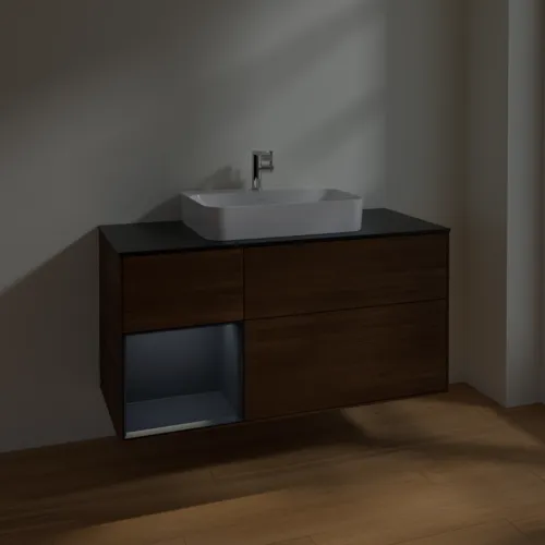 VILLEROY BOCH Toaletní skříňka Finion, s osvětlením, 3 výsuvy, 1200 x 603 x 501 mm, ořechová dýha / půlnočně modrý matný lak / černé matné sklo #F412HGGN, obrázek 5