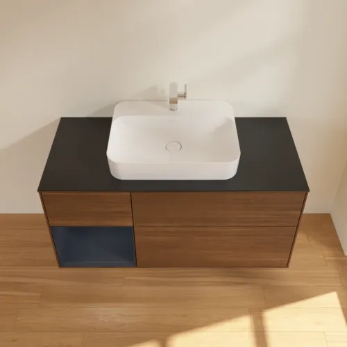 VILLEROY BOCH Toaletní skříňka Finion, s osvětlením, 3 výsuvy, 1200 x 603 x 501 mm, ořechová dýha / půlnočně modrý matný lak / černé matné sklo #F412HGGN, obrázek 4