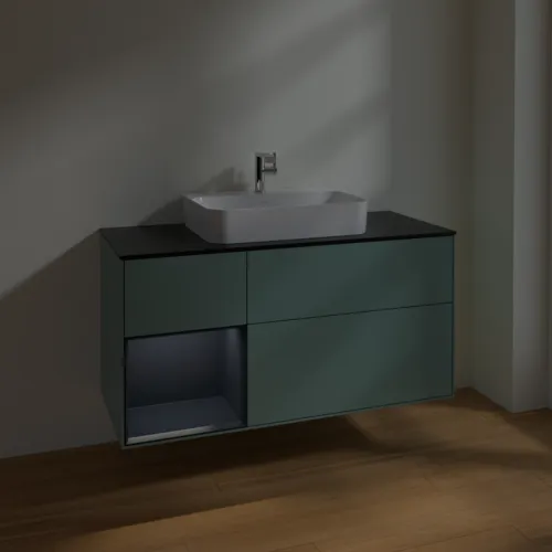 VILLEROY BOCH Toaletní skříňka Finion, s osvětlením, 3 výsuvy, 1200 x 603 x 501 mm, olivový matný lak / půlnoční modrý matný lak / černé matné sklo #F412HGGM, obrázek 5