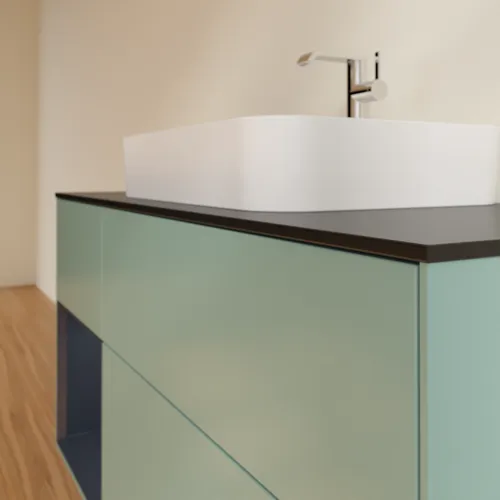 VILLEROY BOCH Toaletní skříňka Finion, s osvětlením, 3 výsuvy, 1200 x 603 x 501 mm, olivový matný lak / půlnoční modrý matný lak / černé matné sklo #F412HGGM, obrázek 6