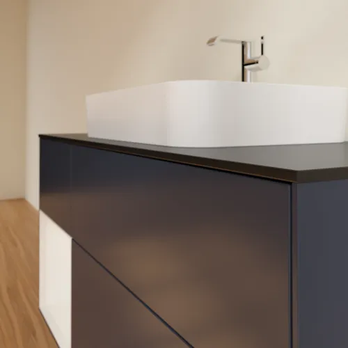 VILLEROY BOCH Toaletní skříňka Finion, s osvětlením, 3 výsuvy, 1200 x 603 x 501 mm, Midnight Blue Matt Lacquer / Glossy White Lacquer / Glass Black Matt #F412GFHG, obrázek 6