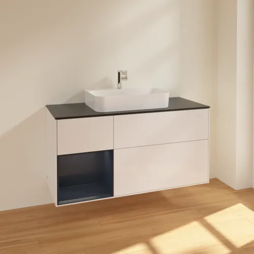 VILLEROY BOCH Toaletní skříňka Finion, s osvětlením, 3 výsuvy, 1200 x 603 x 501 mm, lesklý bílý lak / půlnoční modrý matný lak / černé matné sklo #F412HGGF, obrázek 2